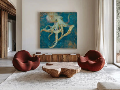 Ocean Octopus by Danhui Nai. Shown as extra-large giant wall art in a modern living room. Available as an archival giclee rolled canvas, fine art paper, or poster print. SKU 73806a.