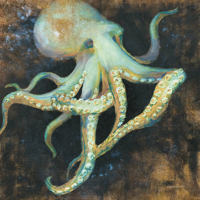 Ocean Octopus on Black by Danhui Nai. SKU 82788a. Archival Giclee Fine art print for wall decor.