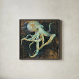 Ocean Octopus on Black by Danhui Nai. Shown in a sleek black glass frame for a contemporary gallery look. Available as an archival giclee rolled canvas, fine art paper, or poster print. SKU 82788a.