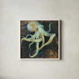 Ocean Octopus on Black by Danhui Nai. Shown in a crisp white glass frame for a clean and minimalist style. Available as an archival giclee rolled canvas, fine art paper, or poster print. SKU 82788a.
