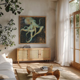 Ocean Octopus on Black by Danhui Nai. Shown in a natural wood frame in a cozy modern living room. Available as an archival giclee rolled canvas, fine art paper, or poster print. SKU 82788a.