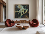 Ocean Octopus on Black by Danhui Nai. Shown as extra-large giant wall art in a modern living room. Available as an archival giclee rolled canvas, fine art paper, or poster print. SKU 82788a.