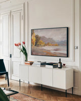October Coast by Danhui Nai. shown as a framed stretched canvas in a living room above a console. Available as a archival giclee rolled canvas, fine art paper, or poster print. SKU 68073i.