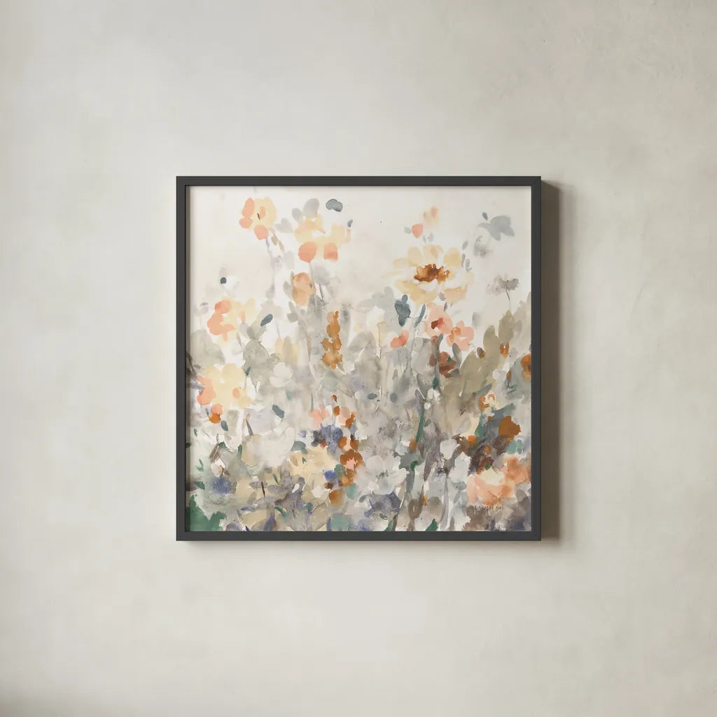October Garden by Danhui Nai. Shown in a sleek black glass frame for a contemporary gallery look. Available as an archival giclee rolled canvas, fine art paper, or poster print. SKU 83486a.