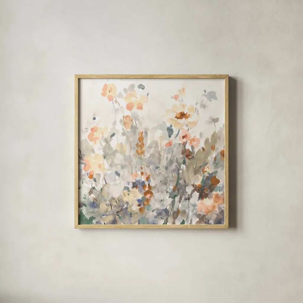 October Garden by Danhui Nai. Shown in a natural wood glass frame for a timeless modern aesthetic. Available as an archival giclee rolled canvas, fine art paper, or poster print. SKU 83486a.