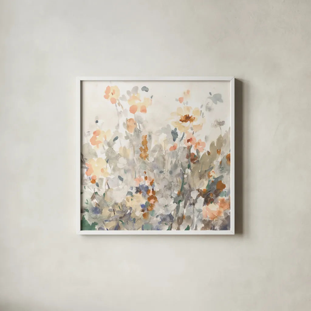 October Garden by Danhui Nai. Shown in a crisp white glass frame for a clean and minimalist style. Available as an archival giclee rolled canvas, fine art paper, or poster print. SKU 83486a.