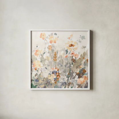 October Garden by Danhui Nai. Shown in a crisp white glass frame for a clean and minimalist style. Available as an archival giclee rolled canvas, fine art paper, or poster print. SKU 83486a.