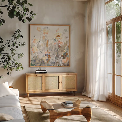 October Garden by Danhui Nai. Shown in a natural wood frame in a cozy modern living room. Available as an archival giclee rolled canvas, fine art paper, or poster print. SKU 83486a.