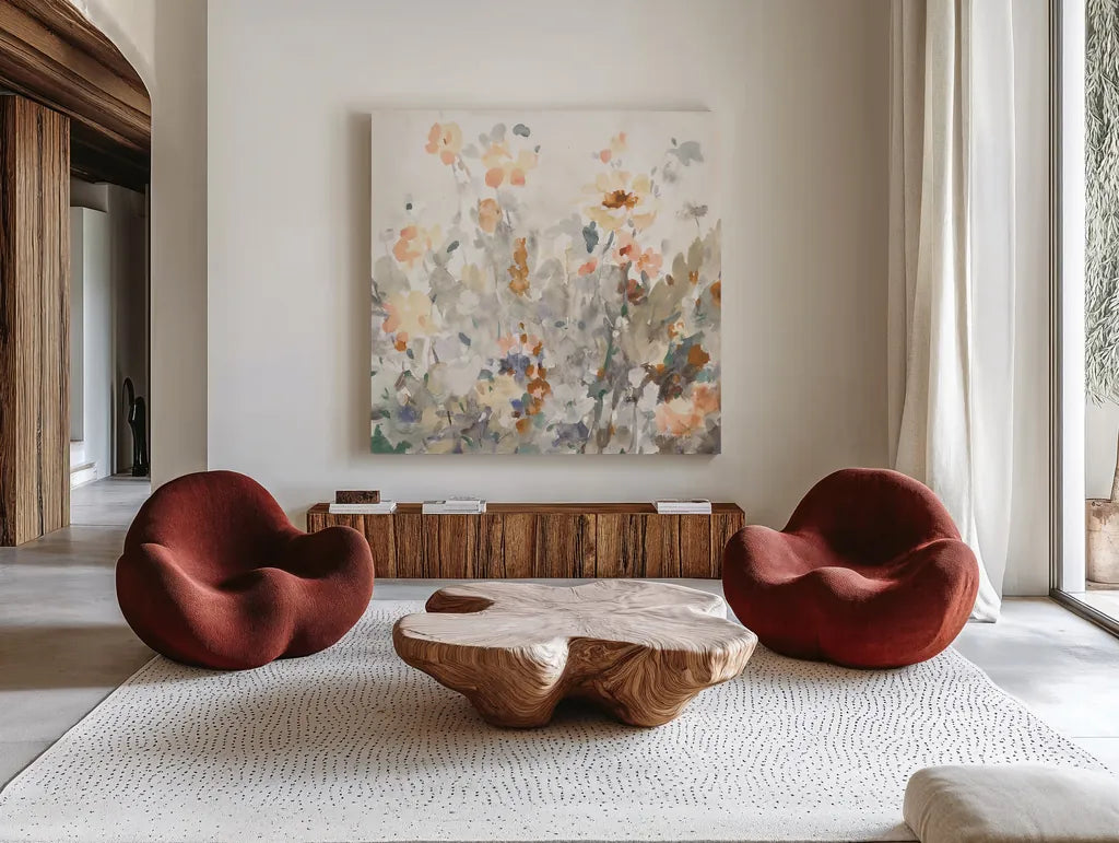 October Garden by Danhui Nai. Shown as extra-large giant wall art in a modern living room. Available as an archival giclee rolled canvas, fine art paper, or poster print. SKU 83486a.