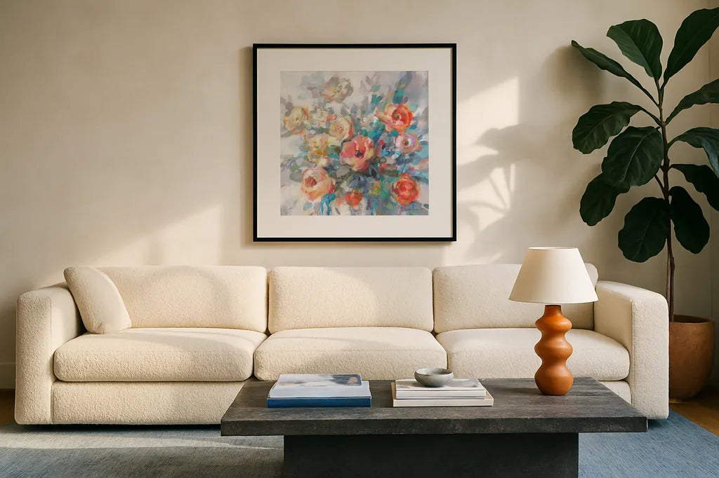 Ode to Spring by Danhui Nai. Displayed in a glass frame with matte in a clean modern living room. Available as an archival giclee rolled canvas, fine art paper, or poster print. SKU 69678a.
