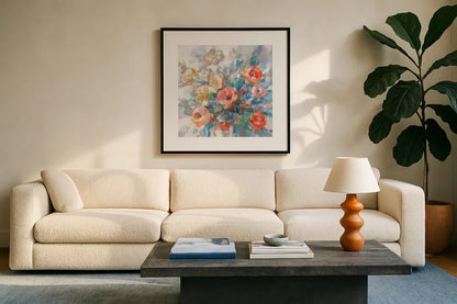 Ode to Spring by Danhui Nai. Displayed in a glass frame with matte in a clean modern living room. Available as an archival giclee rolled canvas, fine art paper, or poster print. SKU 69678a.