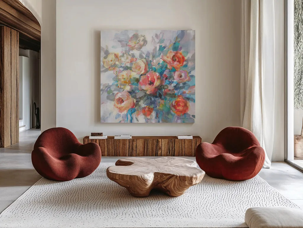 Ode to Spring by Danhui Nai. Shown as extra-large giant wall art in a modern living room. Available as an archival giclee rolled canvas, fine art paper, or poster print. SKU 69678a.