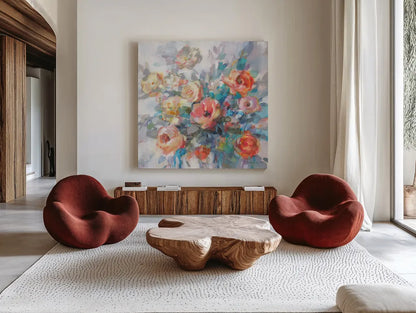 Ode to Spring by Danhui Nai. Shown as extra-large giant wall art in a modern living room. Available as an archival giclee rolled canvas, fine art paper, or poster print. SKU 69678a.