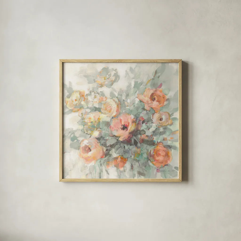 Ode to Spring Sage by Danhui Nai. Shown in a natural wood glass frame for a timeless modern aesthetic. Available as an archival giclee rolled canvas, fine art paper, or poster print. SKU 70717a.