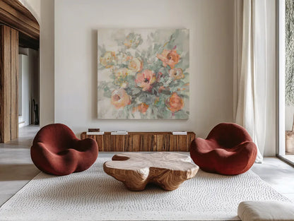 Ode to Spring Sage by Danhui Nai. Shown as extra-large giant wall art in a modern living room. Available as an archival giclee rolled canvas, fine art paper, or poster print. SKU 70717a.