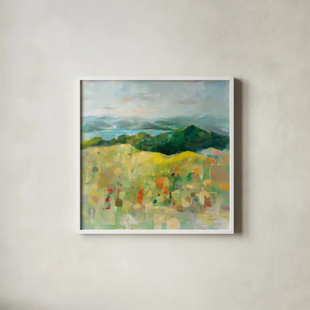 On the Headland by Danhui Nai. Shown in a crisp white glass frame for a clean and minimalist style. Available as an archival giclee rolled canvas, fine art paper, or poster print. SKU 72020a.
