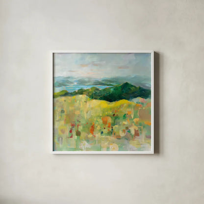 On the Headland by Danhui Nai. Shown in a crisp white glass frame for a clean and minimalist style. Available as an archival giclee rolled canvas, fine art paper, or poster print. SKU 72020a.
