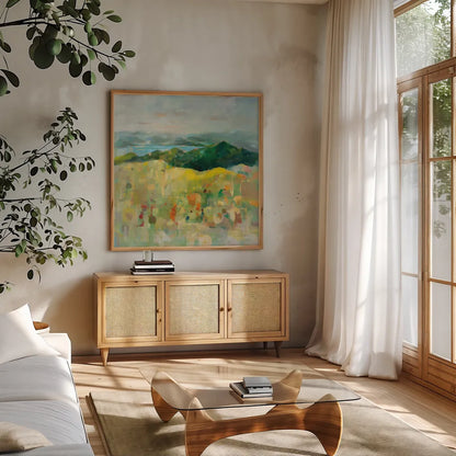 On the Headland by Danhui Nai. Shown in a natural wood frame in a cozy modern living room. Available as an archival giclee rolled canvas, fine art paper, or poster print. SKU 72020a.