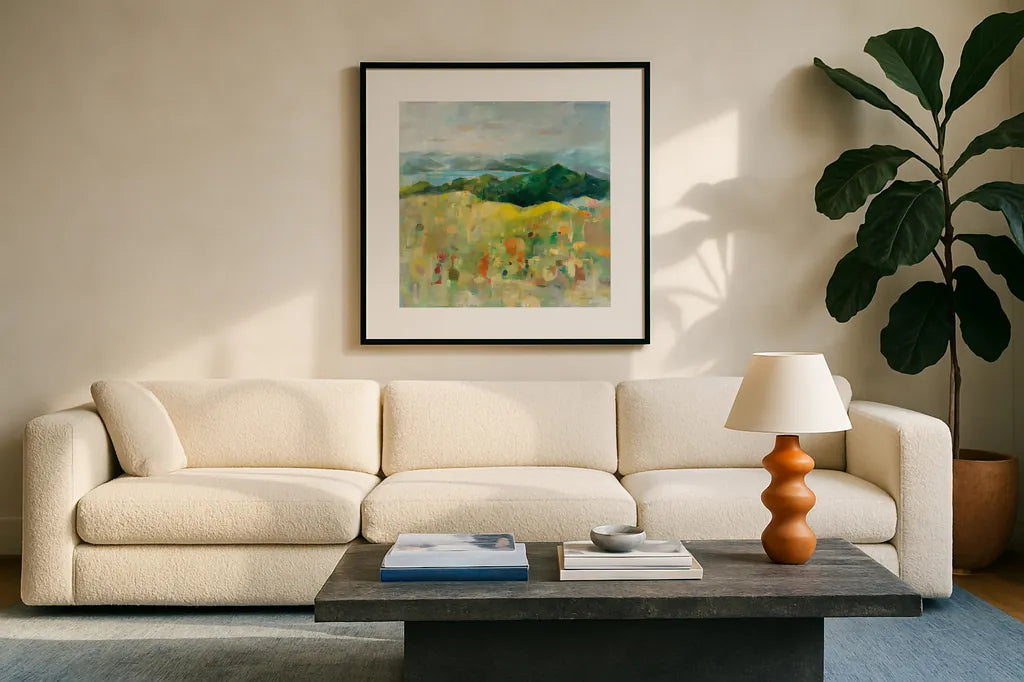 On the Headland by Danhui Nai. Displayed in a glass frame with matte in a clean modern living room. Available as an archival giclee rolled canvas, fine art paper, or poster print. SKU 72020a.