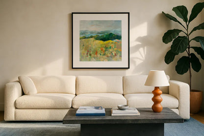 On the Headland by Danhui Nai. Displayed in a glass frame with matte in a clean modern living room. Available as an archival giclee rolled canvas, fine art paper, or poster print. SKU 72020a.