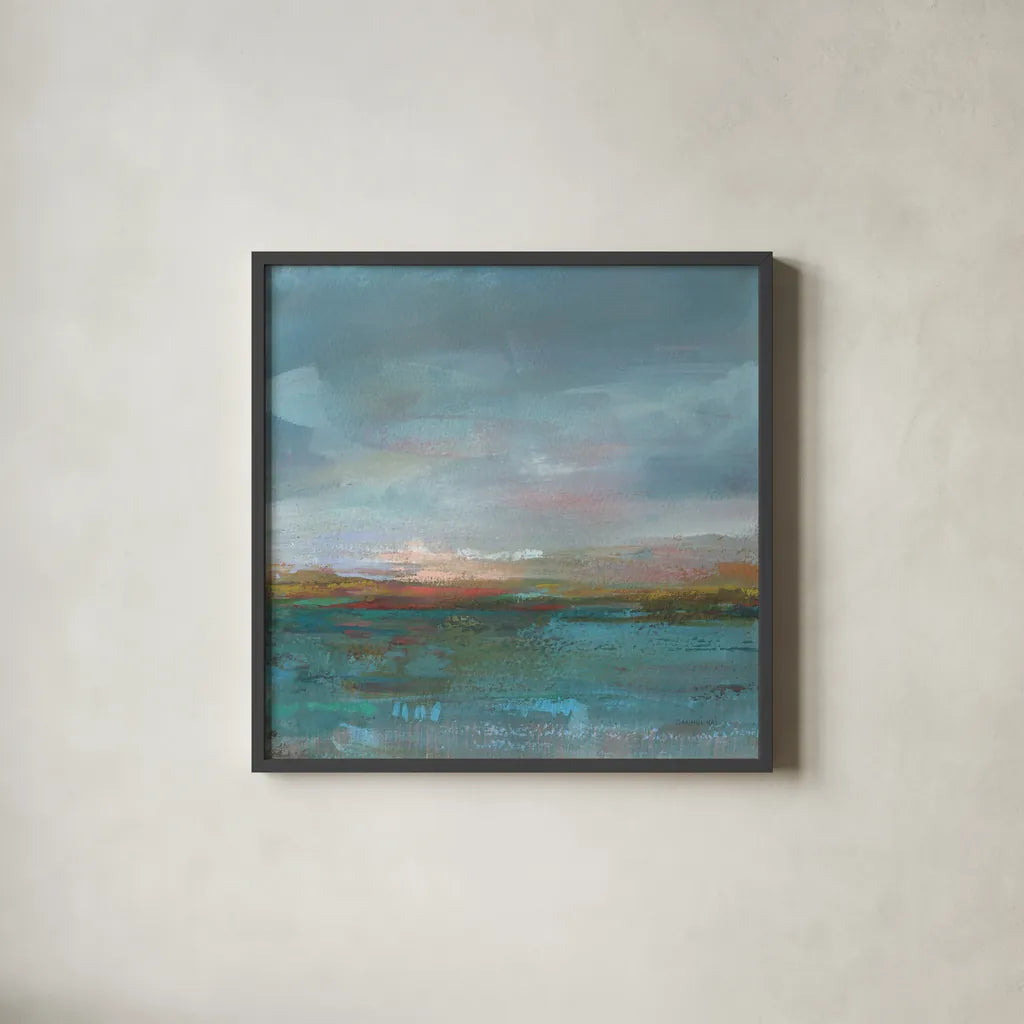 Open Water Sunrise by Danhui Nai. Shown in a sleek black glass frame for a contemporary gallery look. Available as an archival giclee rolled canvas, fine art paper, or poster print. SKU 67556a.
