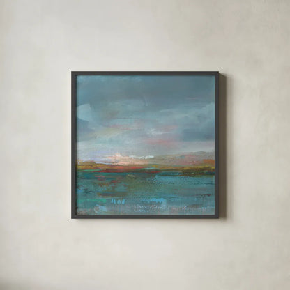 Open Water Sunrise by Danhui Nai. Shown in a sleek black glass frame for a contemporary gallery look. Available as an archival giclee rolled canvas, fine art paper, or poster print. SKU 67556a.
