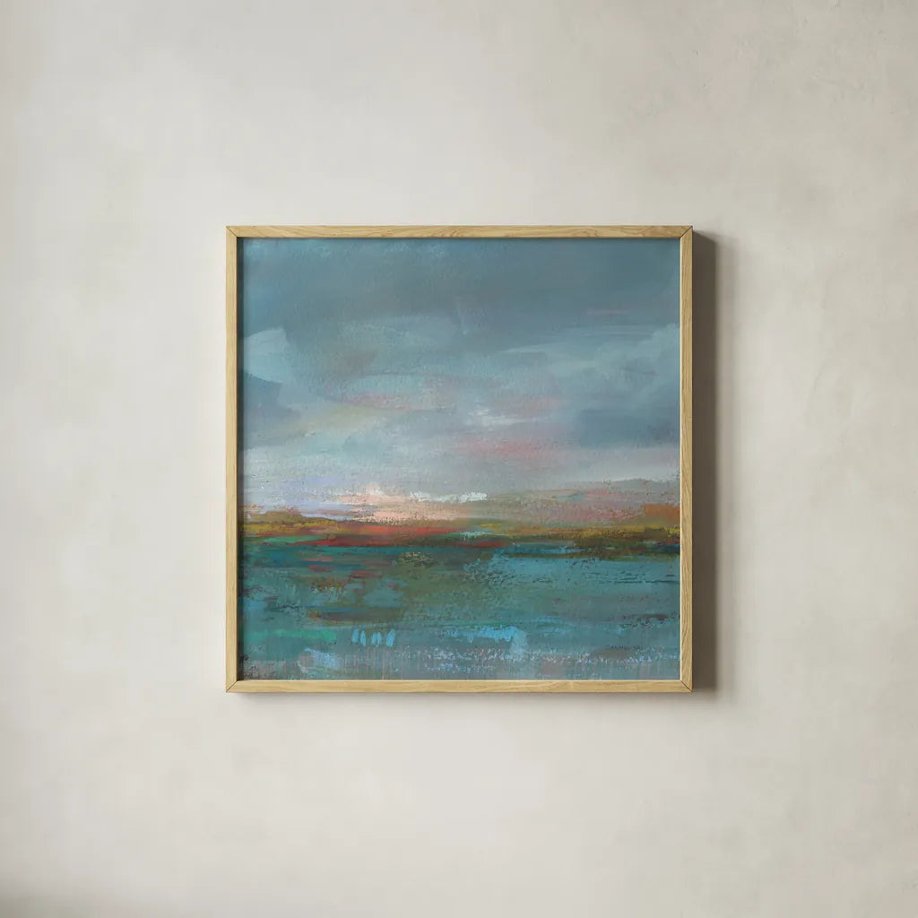 Open Water Sunrise by Danhui Nai. Shown in a natural wood glass frame for a timeless modern aesthetic. Available as an archival giclee rolled canvas, fine art paper, or poster print. SKU 67556a.