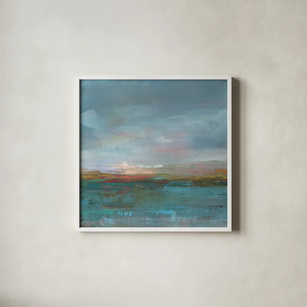 Open Water Sunrise by Danhui Nai. Shown in a crisp white glass frame for a clean and minimalist style. Available as an archival giclee rolled canvas, fine art paper, or poster print. SKU 67556a.