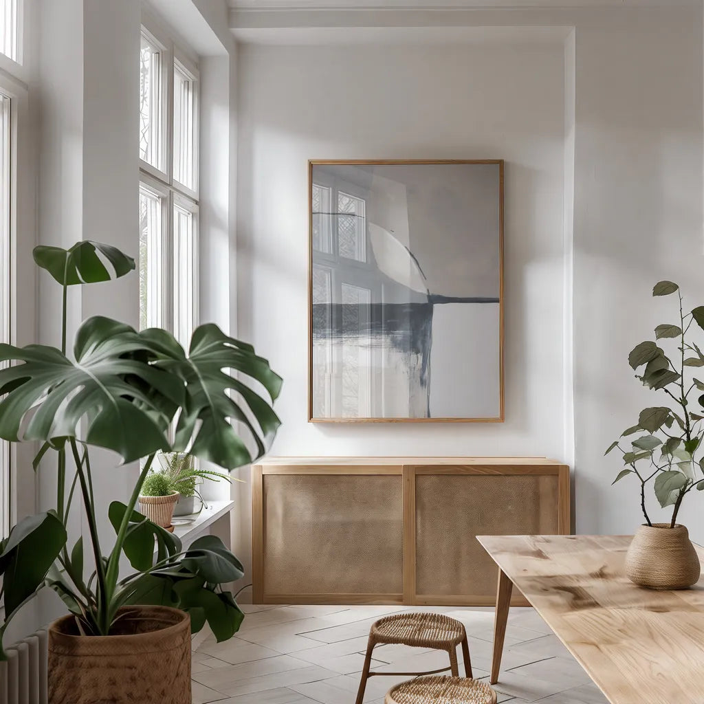 Overlay I Blue by Danhui Nai. shown as a print in a natural wood frame in a dining room. Available as a archival giclee rolled canvas, fine art paper, or poster print. SKU 77353h.