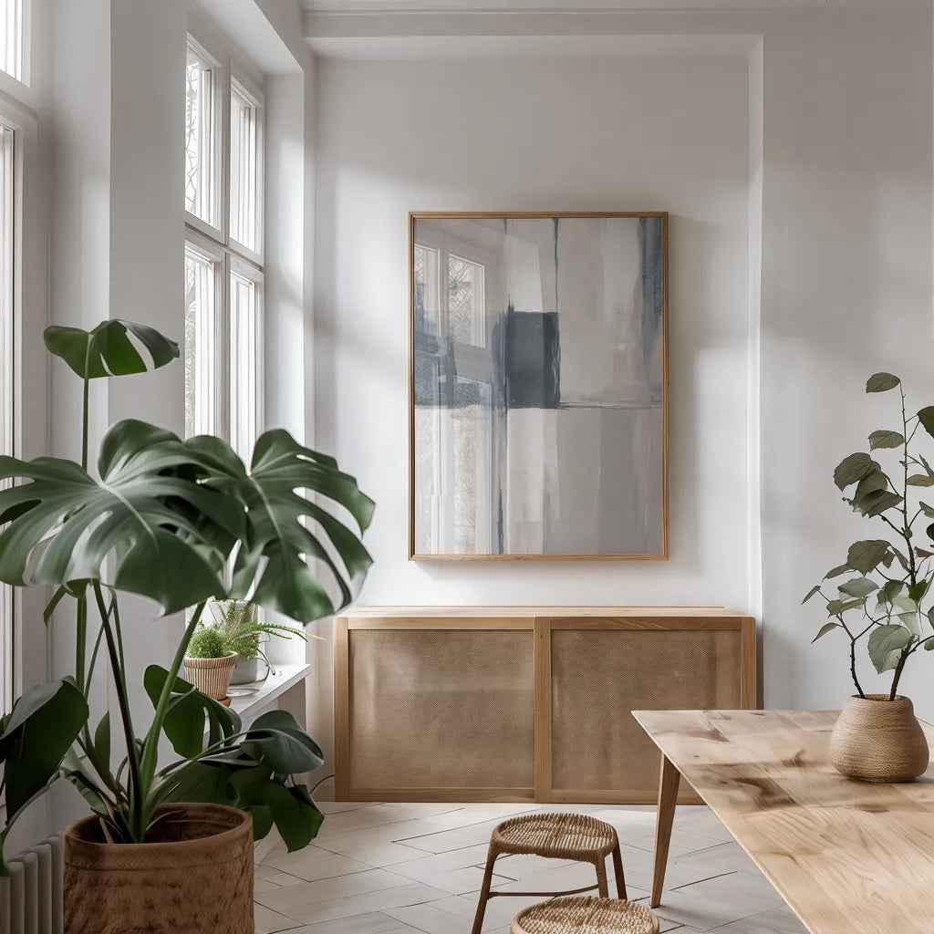 Overlay II Blue by Danhui Nai. shown as a print in a natural wood frame in a dining room. Available as a archival giclee rolled canvas, fine art paper, or poster print. SKU 77354h.