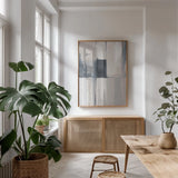 Overlay II Blue by Danhui Nai. shown as a print in a natural wood frame in a dining room. Available as a archival giclee rolled canvas, fine art paper, or poster print. SKU 77354h.