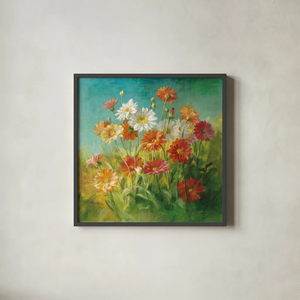 Painted Daisies by Danhui Nai. Shown in a sleek black glass frame for a contemporary gallery look. Available as an archival giclee rolled canvas, fine art paper, or poster print. SKU 5856a.