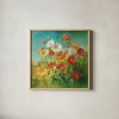 Painted Daisies by Danhui Nai. Shown in a natural wood glass frame for a timeless modern aesthetic. Available as an archival giclee rolled canvas, fine art paper, or poster print. SKU 5856a.