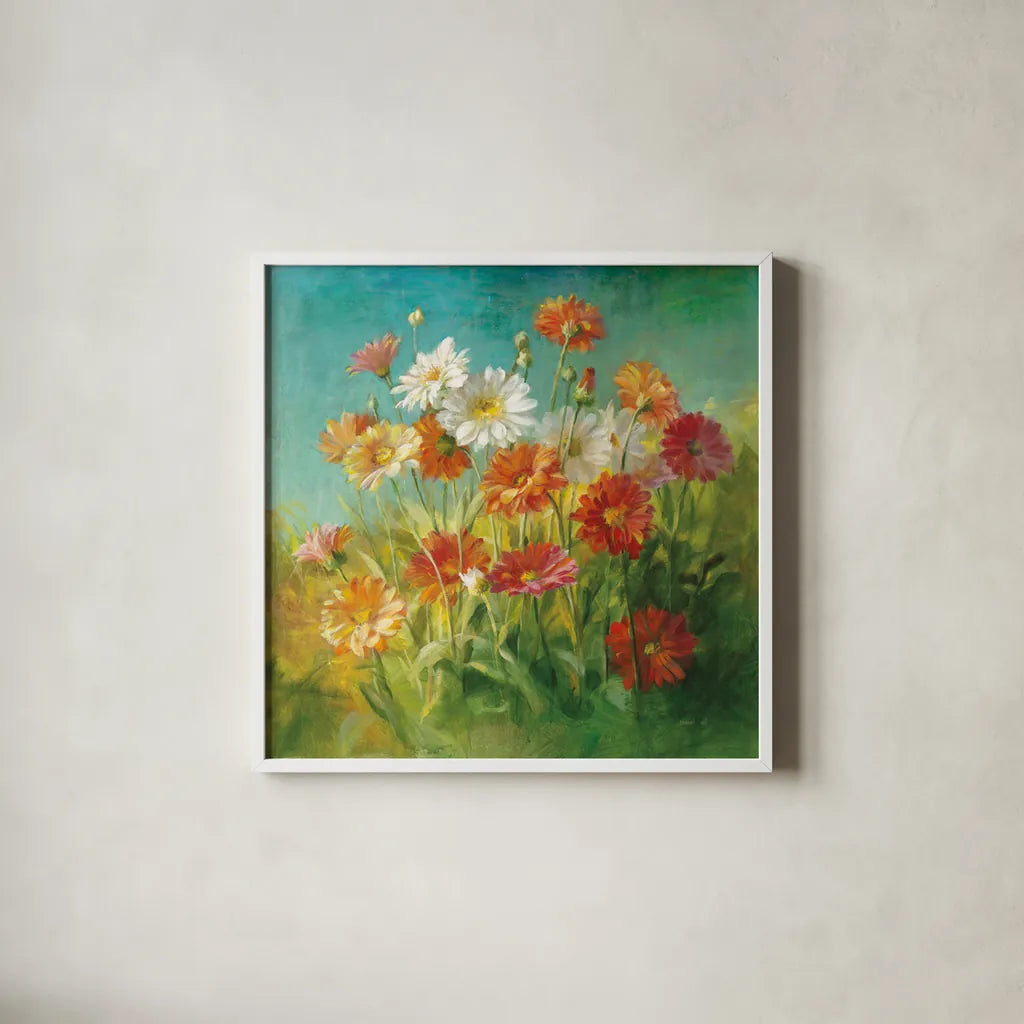 Painted Daisies by Danhui Nai. Shown in a crisp white glass frame for a clean and minimalist style. Available as an archival giclee rolled canvas, fine art paper, or poster print. SKU 5856a.
