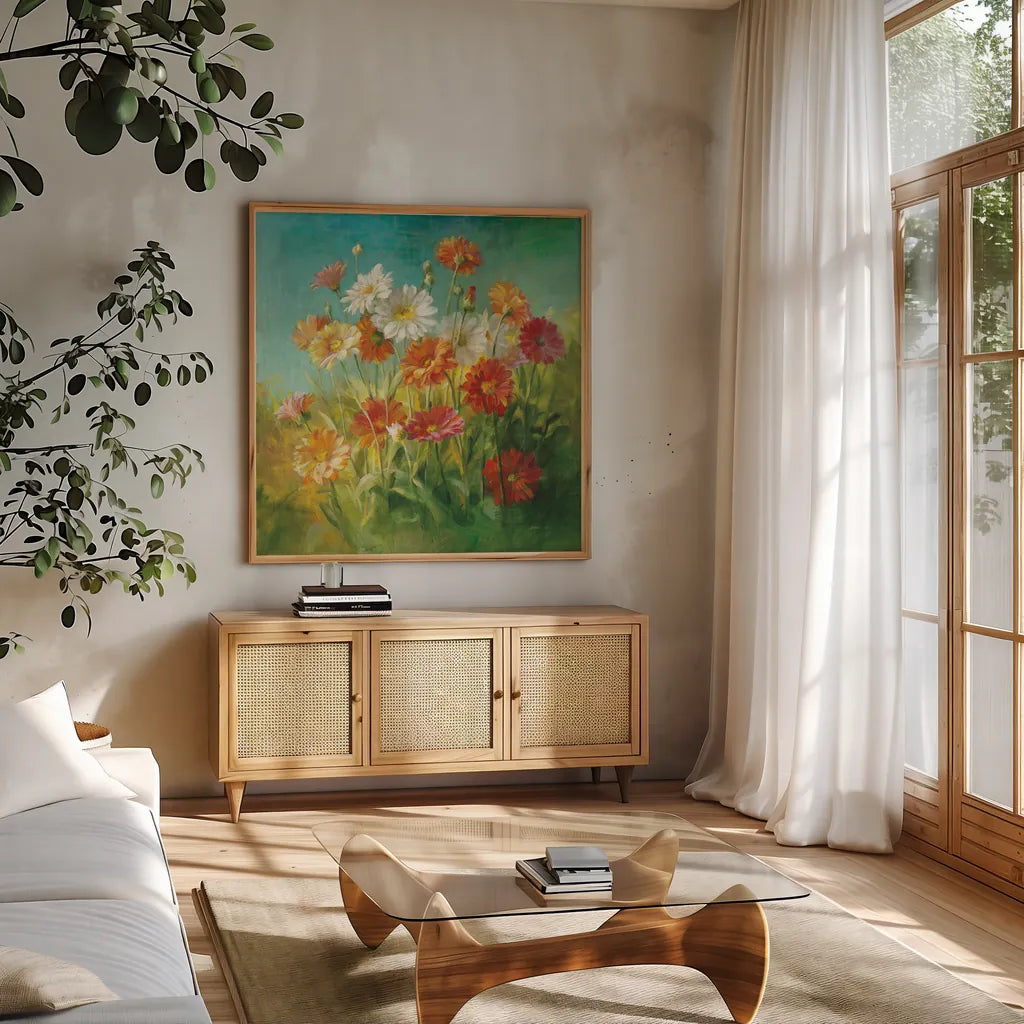 Painted Daisies by Danhui Nai. Shown in a natural wood frame in a cozy modern living room. Available as an archival giclee rolled canvas, fine art paper, or poster print. SKU 5856a.