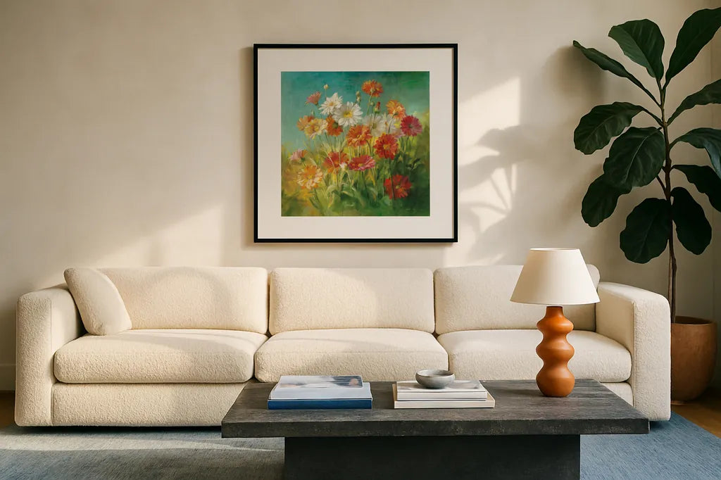 Painted Daisies by Danhui Nai. Displayed in a glass frame with matte in a clean modern living room. Available as an archival giclee rolled canvas, fine art paper, or poster print. SKU 5856a.