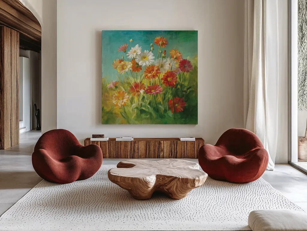 Painted Daisies by Danhui Nai. Shown as extra-large giant wall art in a modern living room. Available as an archival giclee rolled canvas, fine art paper, or poster print. SKU 5856a.