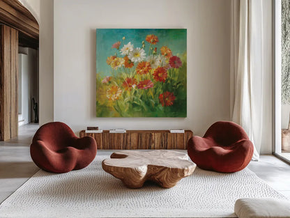 Painted Daisies by Danhui Nai. Shown as extra-large giant wall art in a modern living room. Available as an archival giclee rolled canvas, fine art paper, or poster print. SKU 5856a.