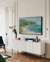 Painterly Beach by Danhui Nai. shown as a framed stretched canvas in a living room above a console. Available as a archival giclee rolled canvas, fine art paper, or poster print. SKU 100556i.