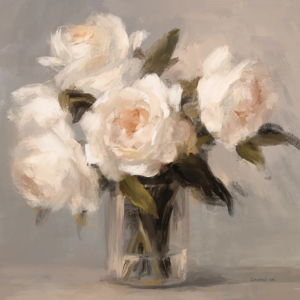 Painterly White Roses by Danhui Nai. SKU 102497a. Archival Giclee Fine art print for wall decor.