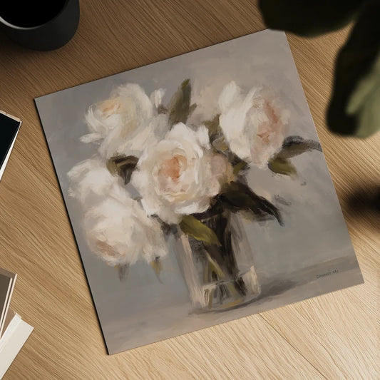 Painterly White Roses by Danhui Nai. Shown as a detailed flat fine art print, highlighting archival giclee quality. Available as an archival giclee rolled canvas, fine art paper, or poster print. SKU 102497a.
