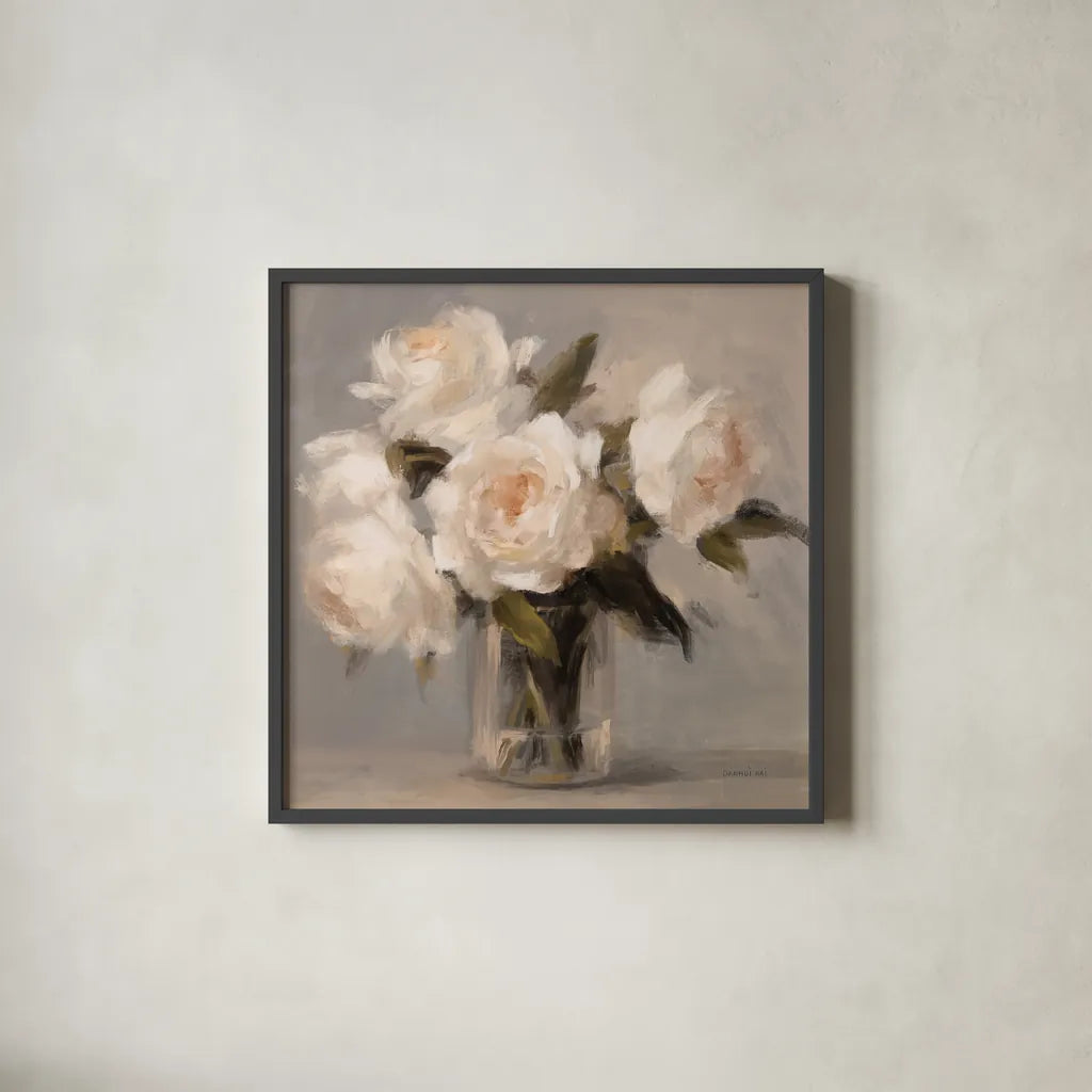 Painterly White Roses by Danhui Nai. Shown in a sleek black glass frame for a contemporary gallery look. Available as an archival giclee rolled canvas, fine art paper, or poster print. SKU 102497a.