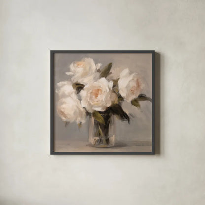 Painterly White Roses by Danhui Nai. Shown in a sleek black glass frame for a contemporary gallery look. Available as an archival giclee rolled canvas, fine art paper, or poster print. SKU 102497a.