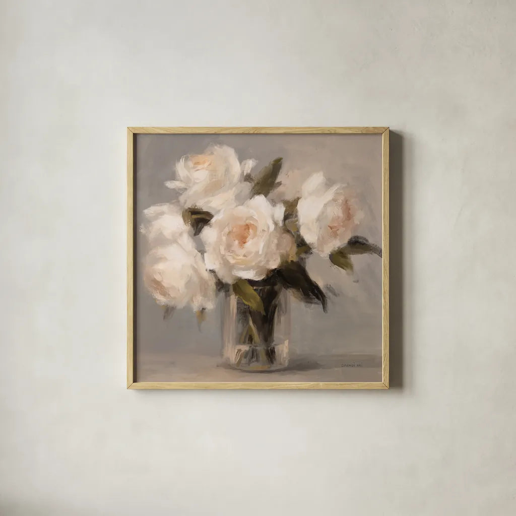 Painterly White Roses by Danhui Nai. Shown in a natural wood glass frame for a timeless modern aesthetic. Available as an archival giclee rolled canvas, fine art paper, or poster print. SKU 102497a.