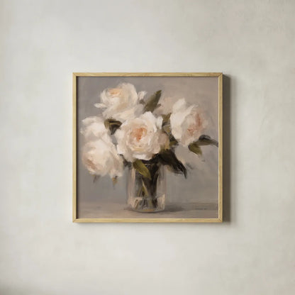 Painterly White Roses by Danhui Nai. Shown in a natural wood glass frame for a timeless modern aesthetic. Available as an archival giclee rolled canvas, fine art paper, or poster print. SKU 102497a.