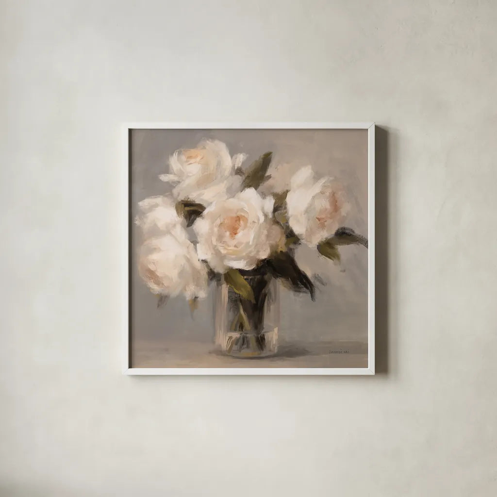 Painterly White Roses by Danhui Nai. Shown in a crisp white glass frame for a clean and minimalist style. Available as an archival giclee rolled canvas, fine art paper, or poster print. SKU 102497a.