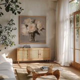 Painterly White Roses by Danhui Nai. Shown in a natural wood frame in a cozy modern living room. Available as an archival giclee rolled canvas, fine art paper, or poster print. SKU 102497a.