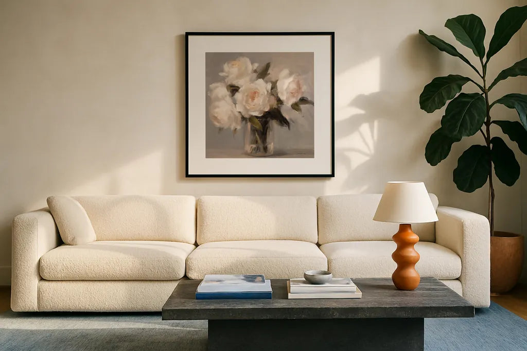 Painterly White Roses by Danhui Nai. Displayed in a glass frame with matte in a clean modern living room. Available as an archival giclee rolled canvas, fine art paper, or poster print. SKU 102497a.