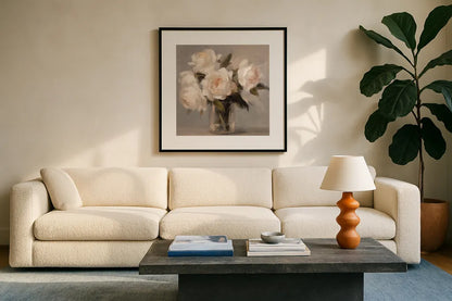 Painterly White Roses by Danhui Nai. Displayed in a glass frame with matte in a clean modern living room. Available as an archival giclee rolled canvas, fine art paper, or poster print. SKU 102497a.