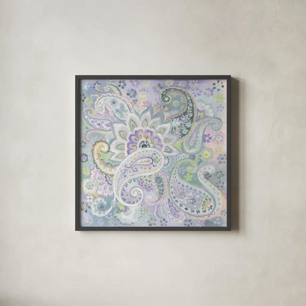 Paisley Dream by Danhui Nai. Shown in a sleek black glass frame for a contemporary gallery look. Available as an archival giclee rolled canvas, fine art paper, or poster print. SKU 50146a.